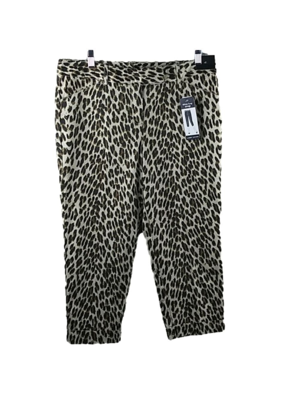 𝅺Larry Levine Natural Leopard Print Mid Rise Cuff Hem Slim Leg Cropped Pant